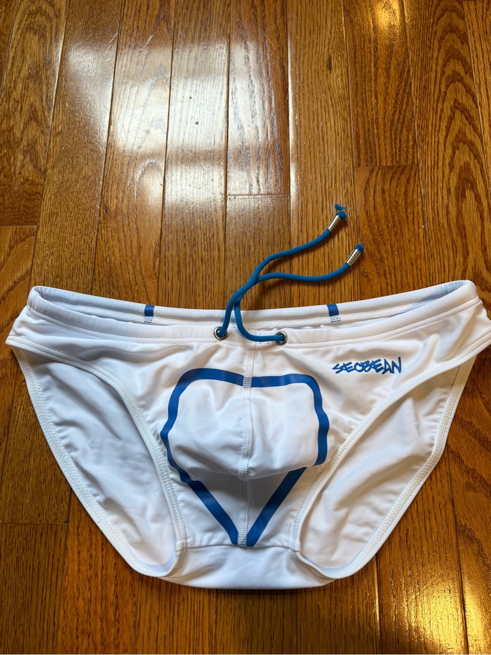 Men’s White Swim Trunks with Blue Trim